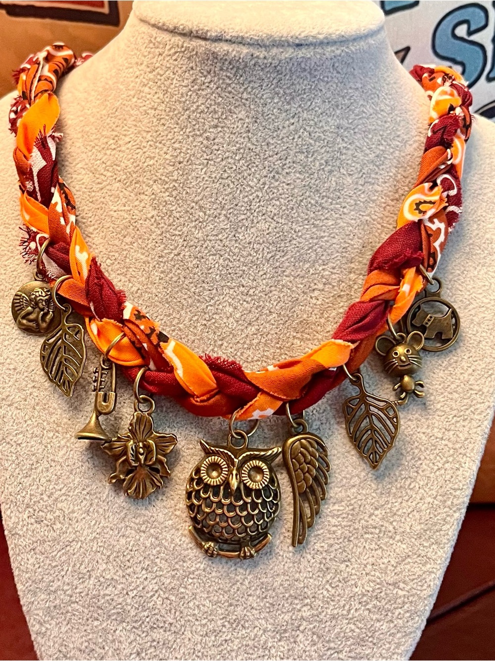 Braided Orange & Burgundy Fall Charm Necklace Gold Owl Pendant